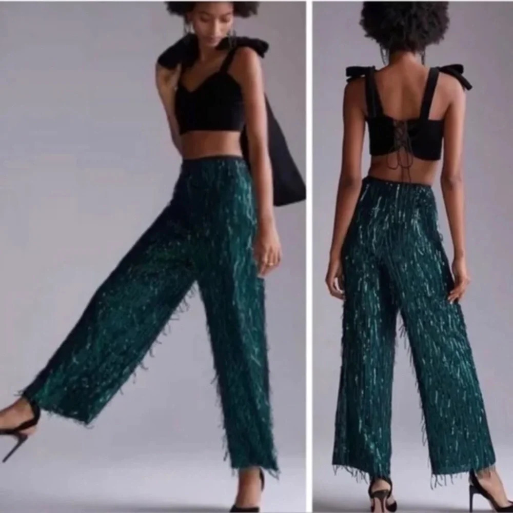 NWT Anthropologie Maeve Turquoise Wide Leg Sequin Pants 2